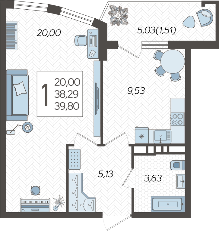 1-комнатная квартира (Студия) в ЖК CUBE на 12 этаже в 1 секции. Сдача в 2 кв. 2024 г.