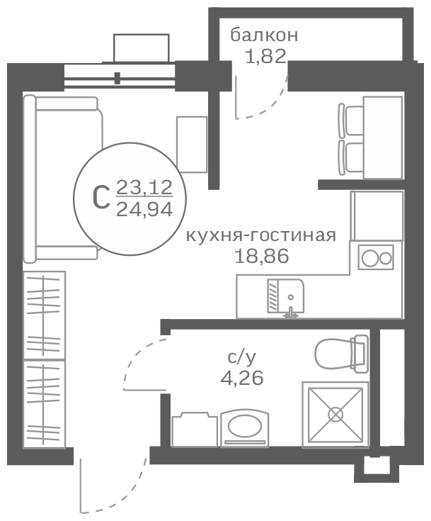 1-комнатная квартира с отделкой в ЖК Октябрьский на Туре на 3 этаже в 6 секции. Сдача в 1 кв. 2026 г.