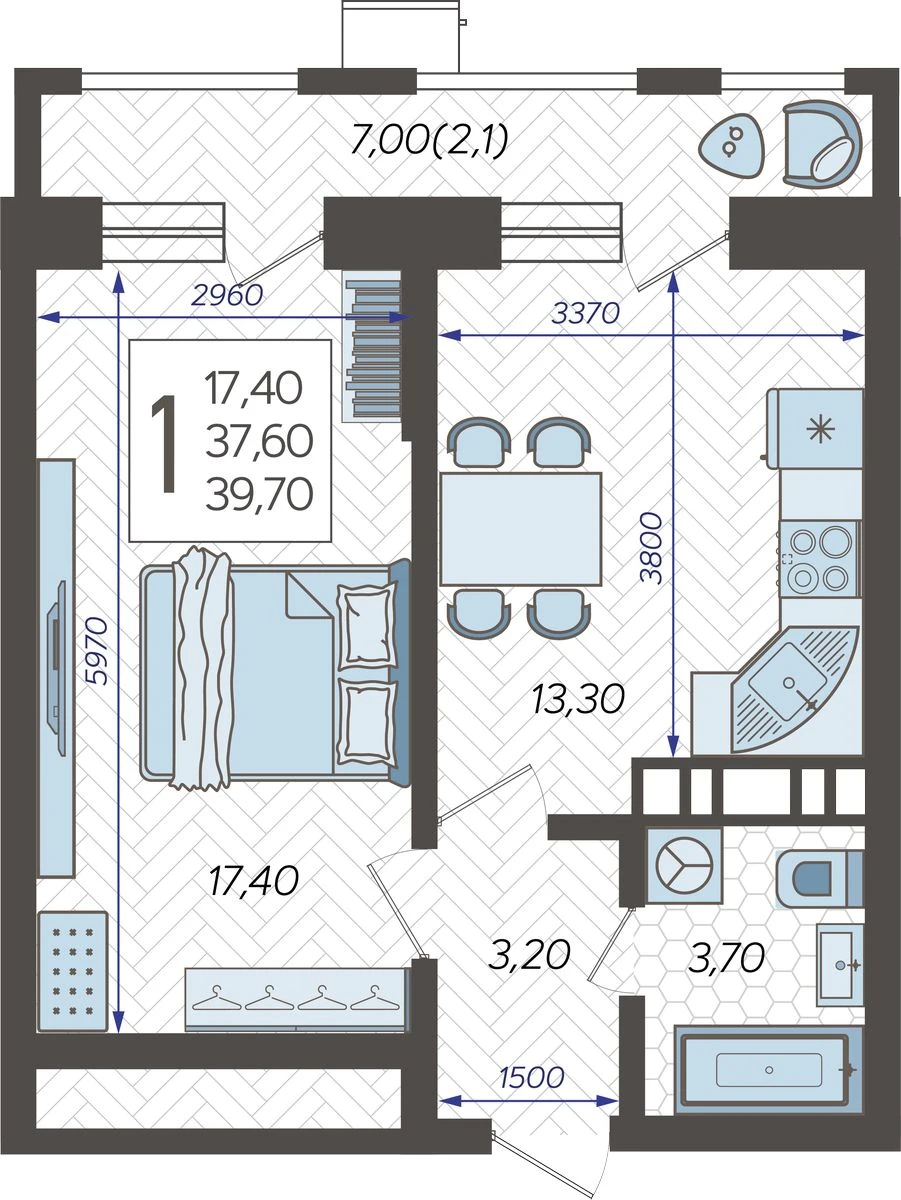 1-комнатная квартира (Студия) с отделкой в ЖК Меридиан ЮГ на 2 этаже в 2 секции. Сдача в 4 кв. 2023 г.