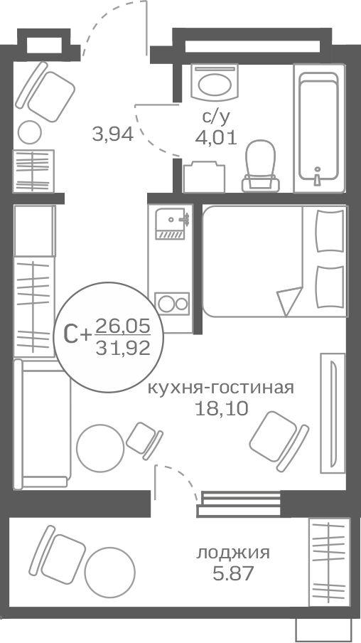 1-комнатная квартира (Студия) с отделкой в ЖК Меридиан ЮГ на 2 этаже в 5 секции. Сдача в 4 кв. 2023 г.