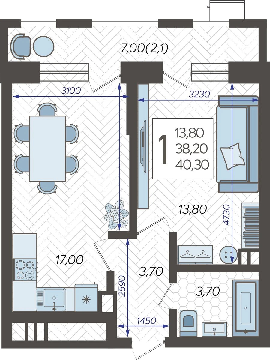 1-комнатная квартира (Студия) с отделкой в ЖК Октябрьский на Туре на 6 этаже в 2 секции. Сдача в 2 кв. 2026 г.