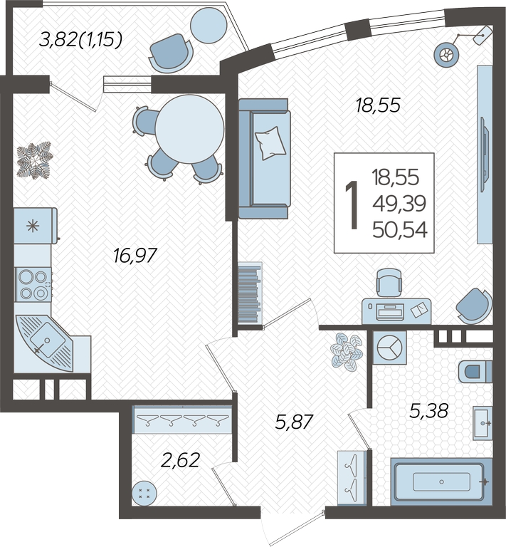 3-комнатная квартира с отделкой в ЖК URAL на 5 этаже в 1 секции. Сдача в 4 кв. 2024 г.