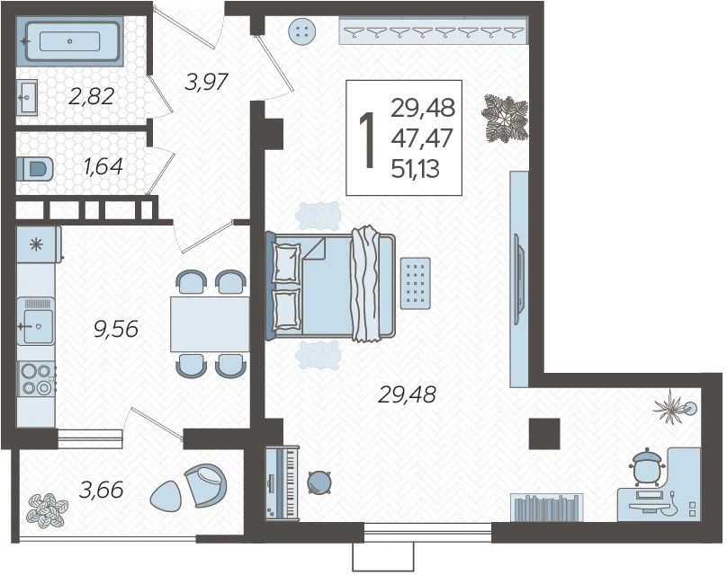 1-комнатная квартира (Студия) с отделкой в ЖК Меридиан ЮГ на 5 этаже в 3 секции. Сдача в 4 кв. 2024 г.