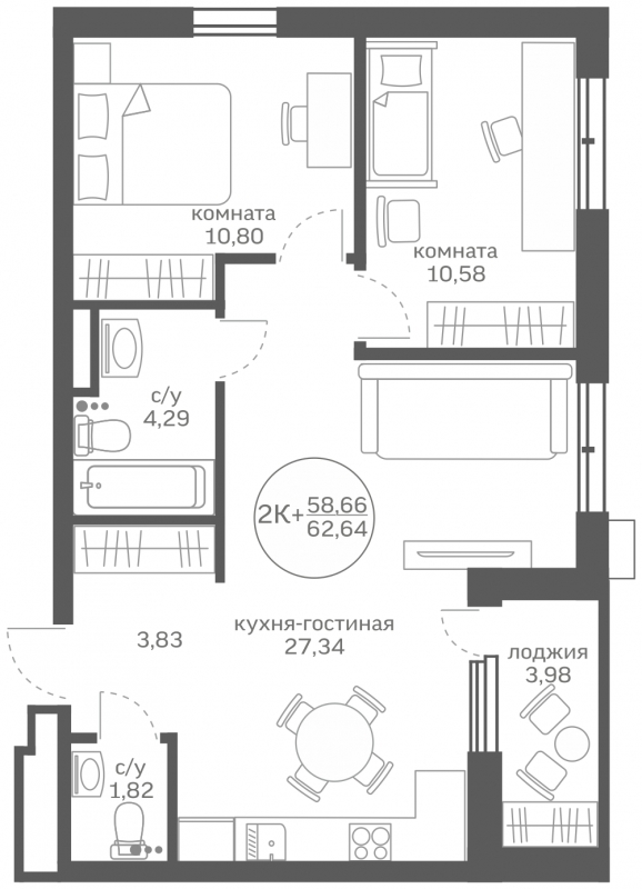 2-комнатная квартира с отделкой в ЖК Волжский парк на 6 этаже в 1 секции. Сдача в 2 кв. 2023 г.