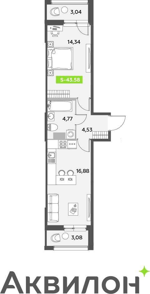 2-комнатная квартира с отделкой в ЖК Парковый квартал на 8 этаже в 1 секции. Сдача в 3 кв. 2023 г.