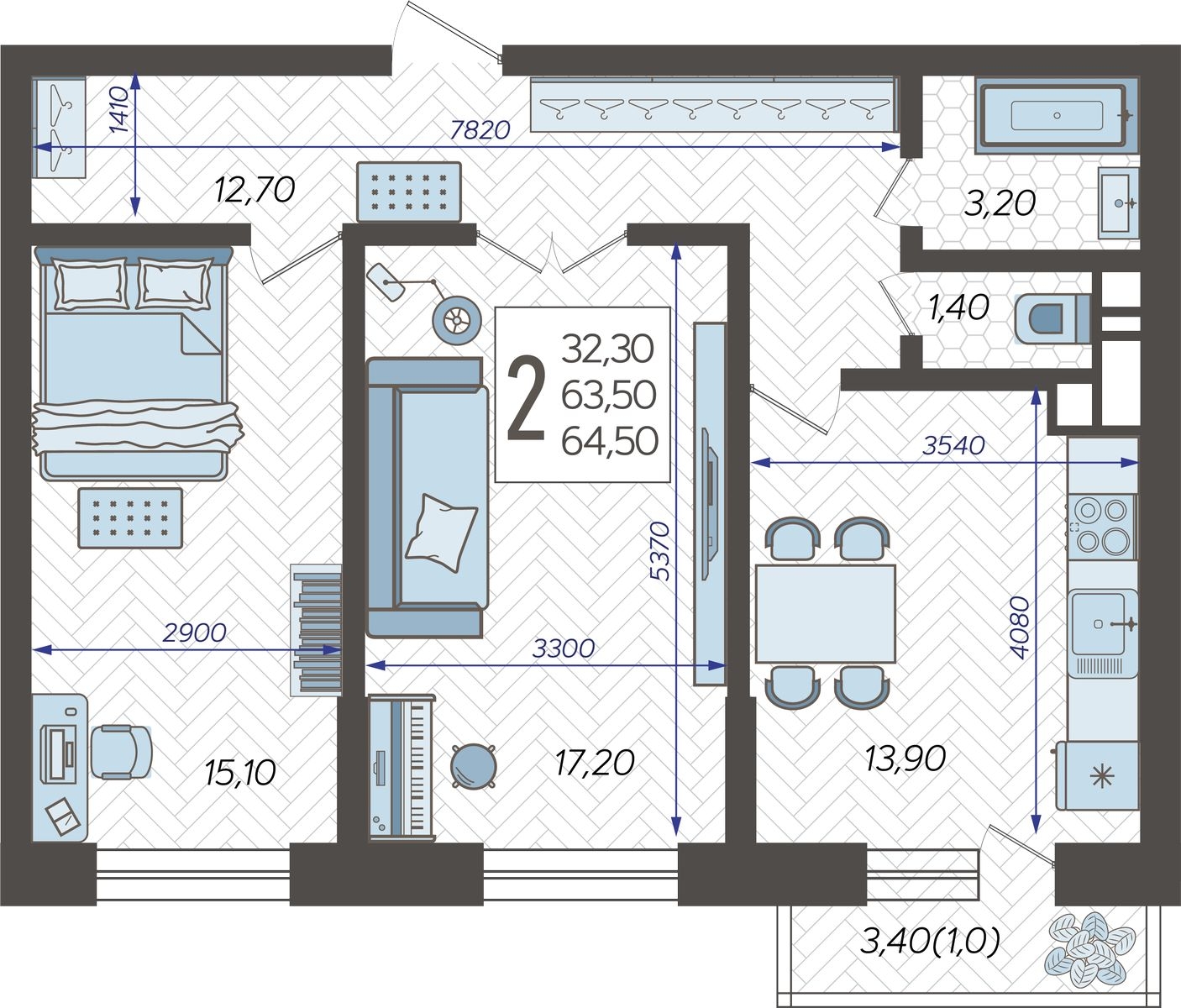2-комнатная квартира в ЖК FØRST на 13 этаже в 1 секции. Сдача в 4 кв. 2024 г.
