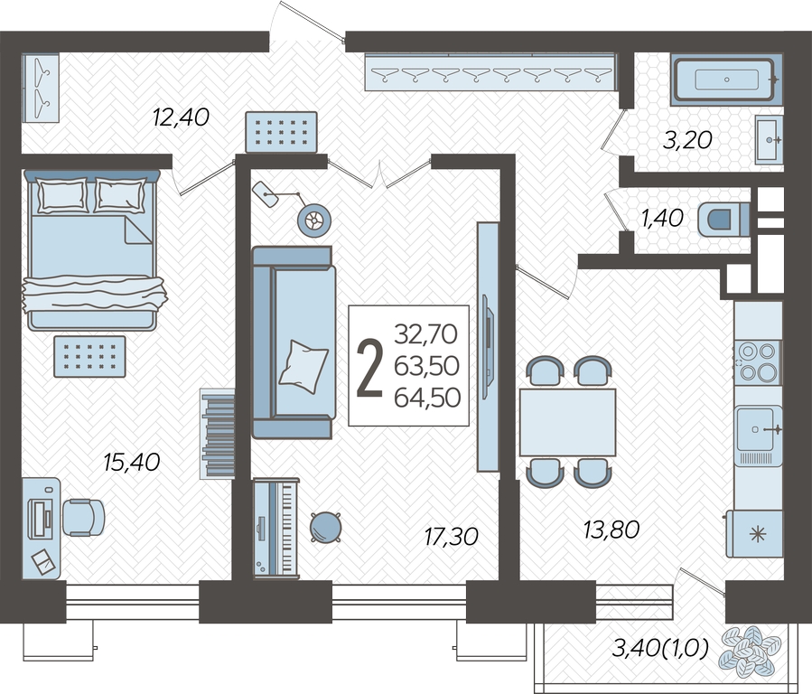 2-комнатная квартира в ЖК FØRST на 10 этаже в 1 секции. Сдача в 4 кв. 2024 г.