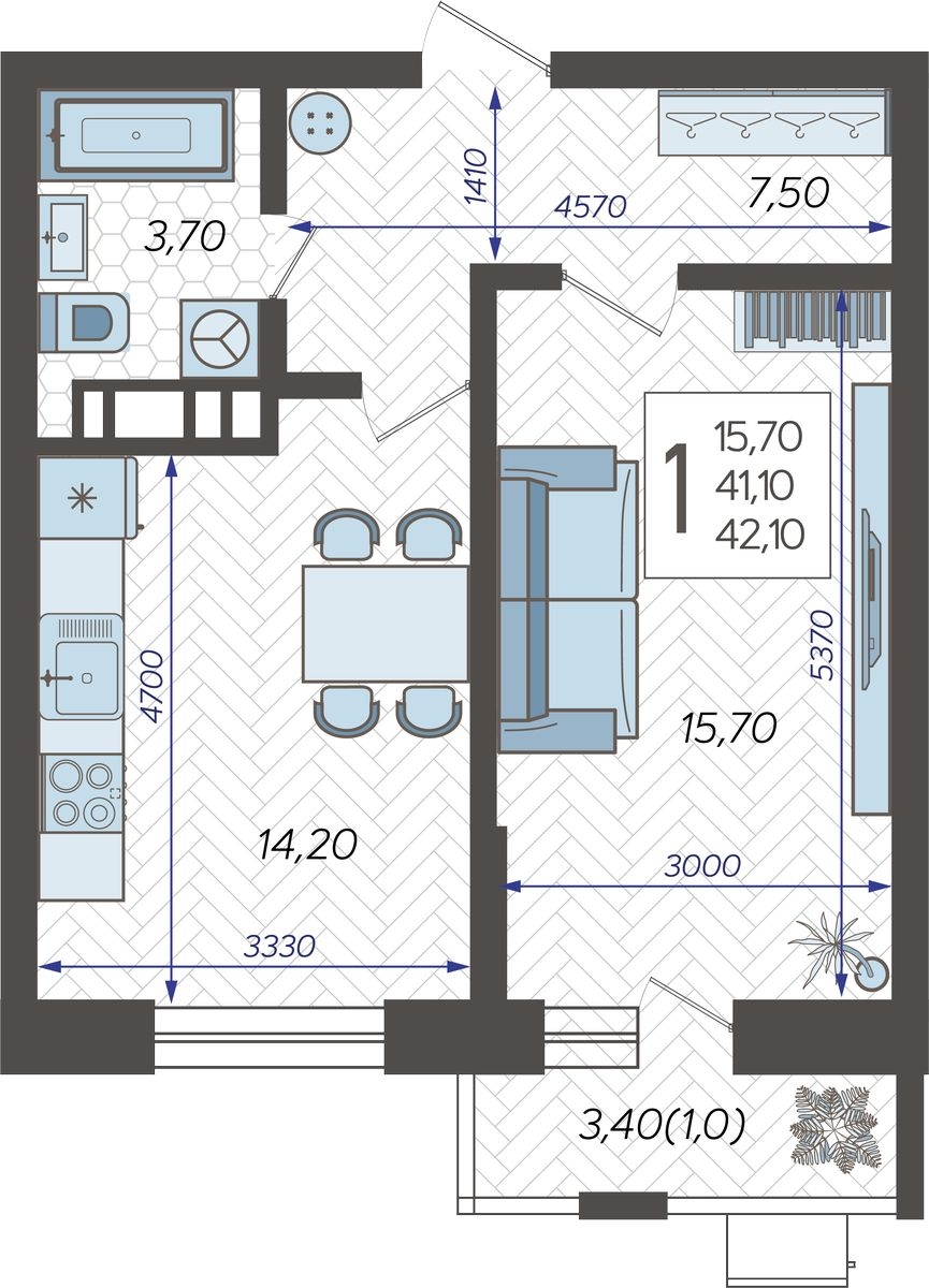 2-комнатная квартира с отделкой в ЖК URAL на 17 этаже в 1 секции. Сдача в 4 кв. 2024 г.