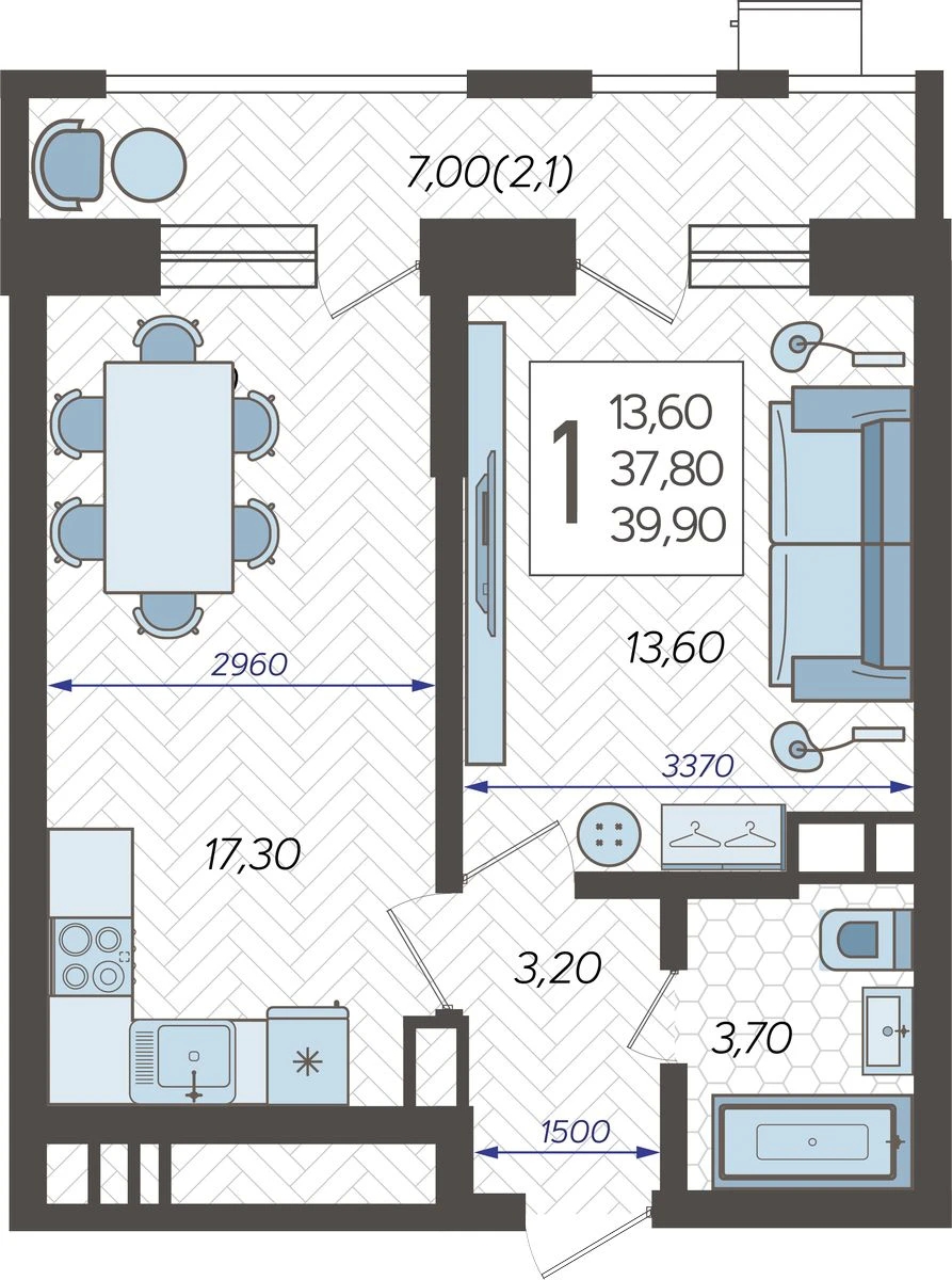 2-комнатная квартира в ЖК CUBE на 9 этаже в 1 секции. Сдача в 2 кв. 2024 г.