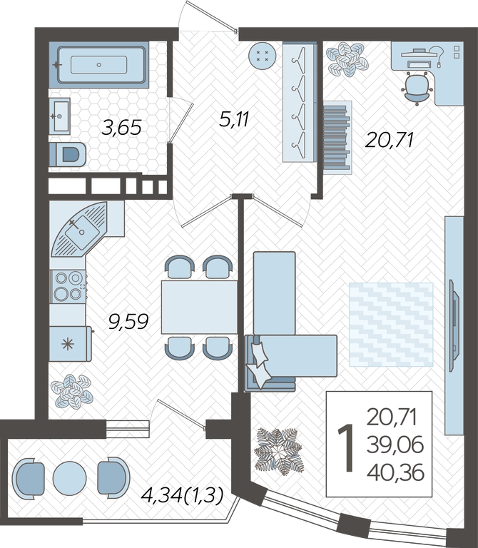 1-комнатная квартира с отделкой в ЖК Аквилон Leaves на 2 этаже в 1 секции. Сдача в 4 кв. 2024 г.