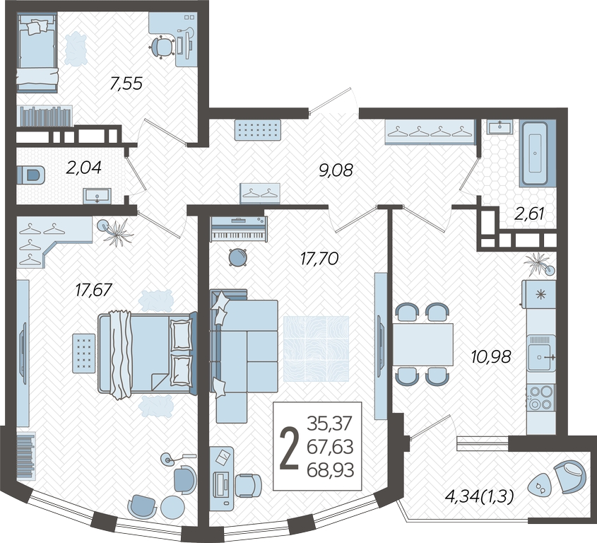 3-комнатная квартира с отделкой в ЖК URAL на 16 этаже в 1 секции. Сдача в 4 кв. 2024 г.