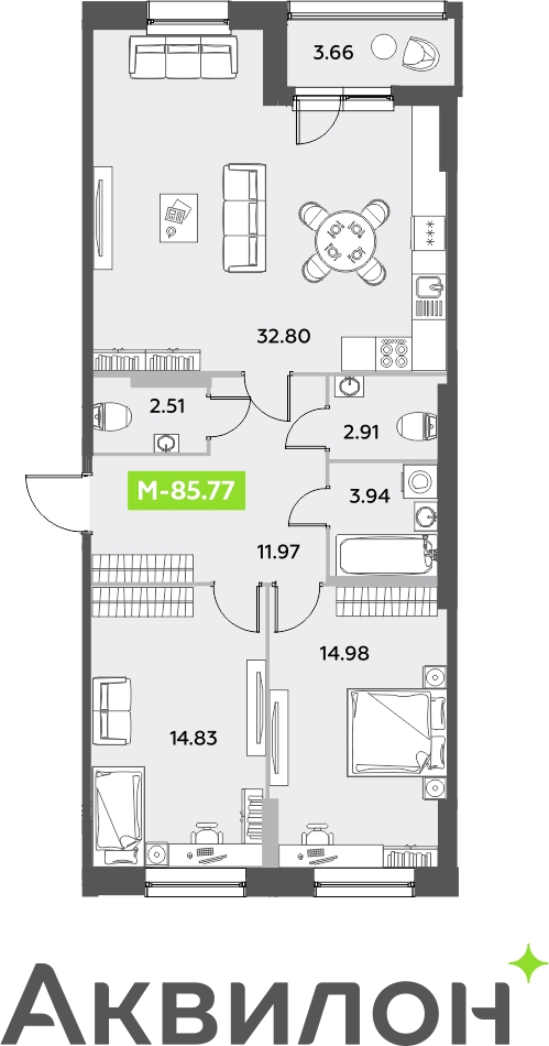 2-комнатная квартира с отделкой в ЖК Меридиан ЮГ на 11 этаже в 2 секции. Сдача в 4 кв. 2024 г.