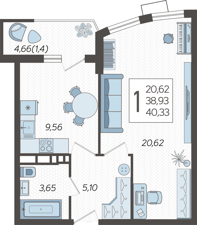 1-комнатная квартира с отделкой в ЖК CUBE на 12 этаже в 1 секции. Сдача в 4 кв. 2024 г.
