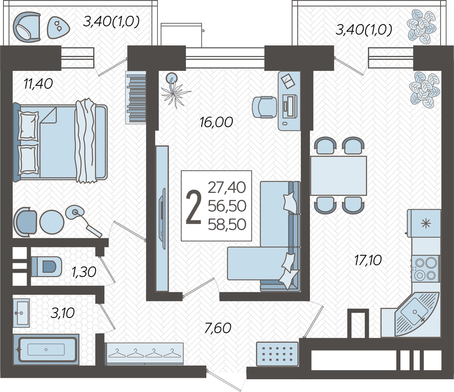 2-комнатная квартира с отделкой в ЖК Меридиан ЮГ на 9 этаже в 3 секции. Сдача в 4 кв. 2023 г.