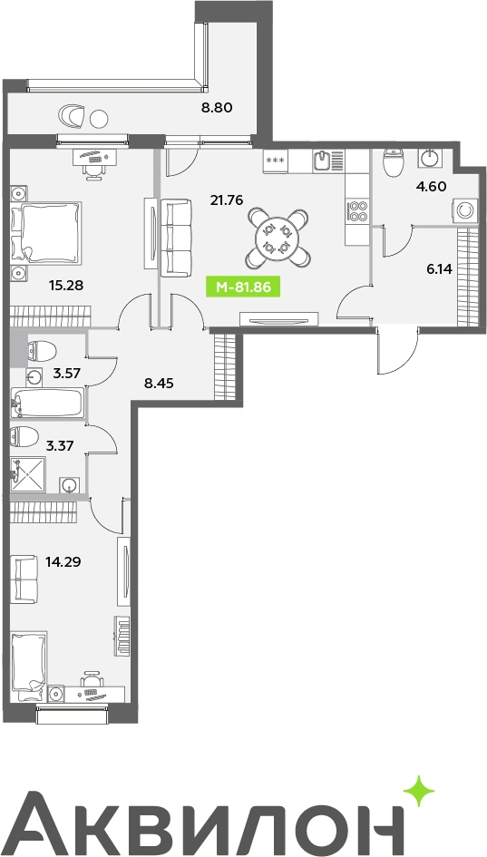 2-комнатная квартира в ЖК AFI Park Воронцовский на 9 этаже в 1 секции. Сдача в 3 кв. 2023 г.