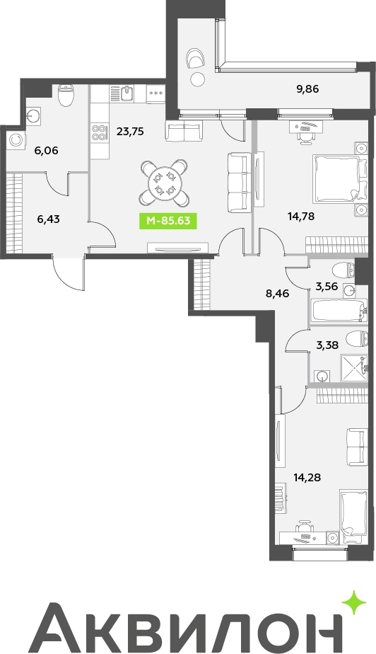 1-комнатная квартира в ЖК AFI Park Воронцовский на 16 этаже в 1 секции. Сдача в 3 кв. 2023 г.
