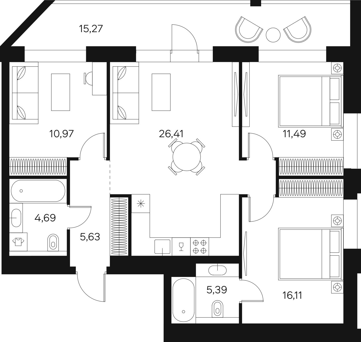 3-комнатная квартира в ЖК MONODOM FAMILY на 15 этаже в 1 секции. Сдача в 4 кв. 2021 г.