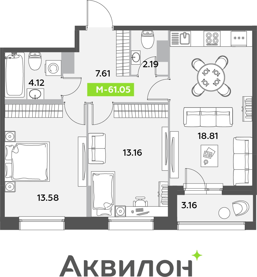 2-комнатная квартира в ЖК FØRST на 1 этаже в 5 секции. Сдача в 4 кв. 2024 г.