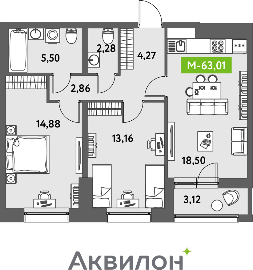 1-комнатная квартира с отделкой в ЖК URAL на 18 этаже в 1 секции. Сдача в 4 кв. 2024 г.
