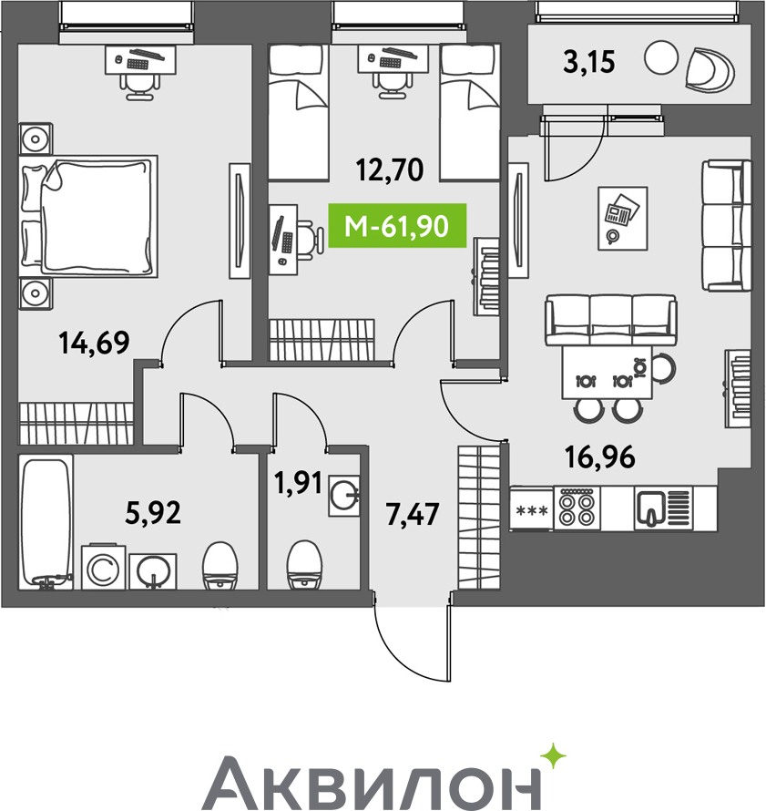 2-комнатная квартира с отделкой в ЖК URAL на 8 этаже в 1 секции. Сдача в 4 кв. 2024 г.