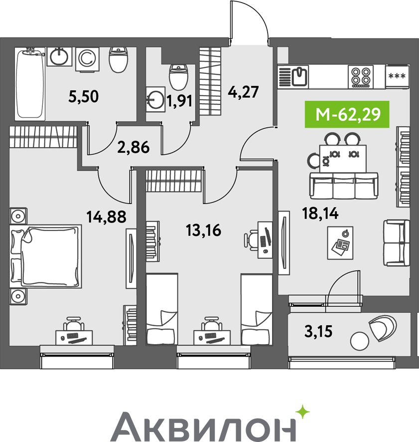 3-комнатная квартира с отделкой в ЖК Аквилон Leaves на 7 этаже в 1 секции. Сдача в 4 кв. 2024 г.