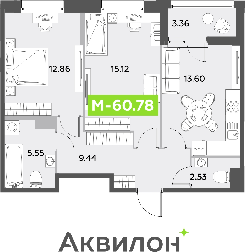 2-комнатная квартира в ЖК CUBE на 7 этаже в 1 секции. Сдача в 4 кв. 2024 г.