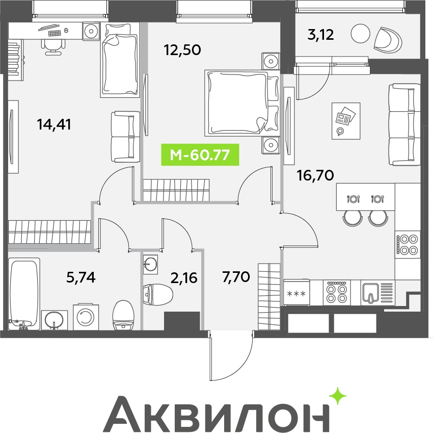 2-комнатная квартира в ЖК Режиссер на 6 этаже в 1 секции. Сдача в 1 кв. 2026 г.