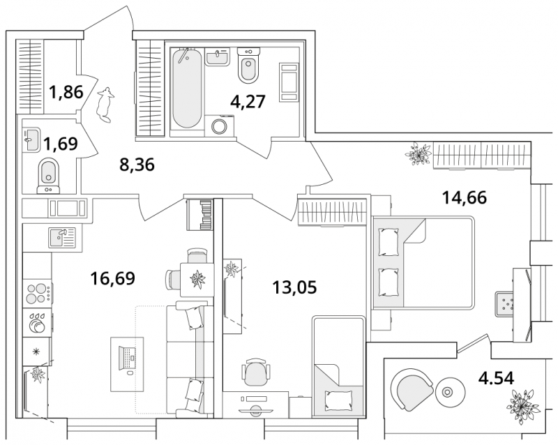 3-комнатная квартира с отделкой в ЖК Просторная 7 на 2 этаже в 2 секции. Сдача в 3 кв. 2022 г.