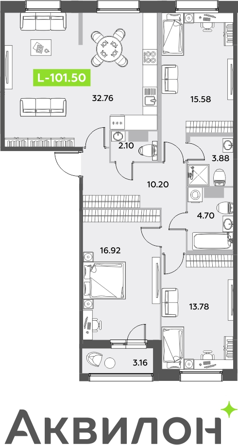 3-комнатная квартира с отделкой в ЖК URAL на 15 этаже в 1 секции. Сдача в 4 кв. 2024 г.