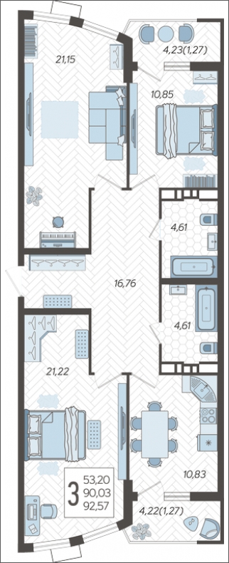 3-комнатная квартира в ЖК Режиссер на 8 этаже в 1 секции. Сдача в 4 кв. 2025 г.