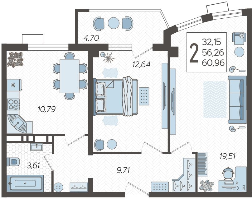 3-комнатная квартира с отделкой в ЖК URAL на 22 этаже в 1 секции. Сдача в 4 кв. 2024 г.