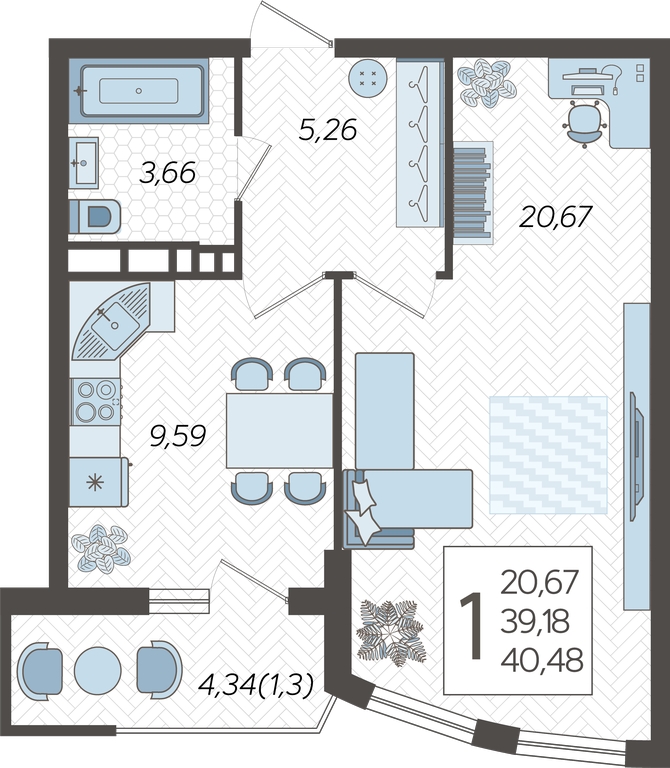 1-комнатная квартира (Студия) с отделкой в ЖК Аквилон Leaves на 5 этаже в 1 секции. Сдача в 4 кв. 2024 г.