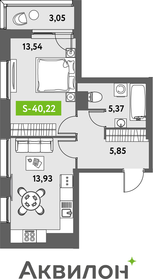 1-комнатная квартира в ЖК Тринити-2 на 5 этаже в 1 секции. Сдача в 3 кв. 2023 г.