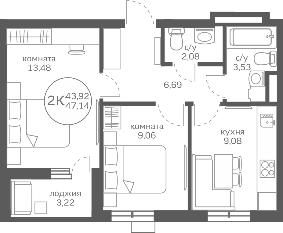 2-комнатная квартира с отделкой в ЖК Просто Космос на 2 этаже в 1 секции. Дом сдан.