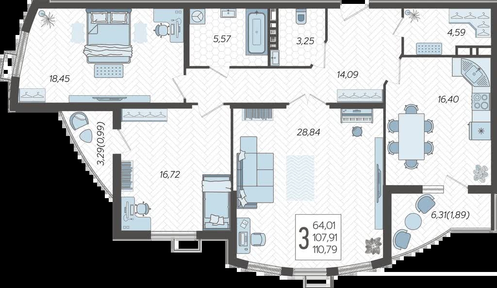 3-комнатная квартира с отделкой в ЖК URAL на 11 этаже в 1 секции. Сдача в 4 кв. 2024 г.