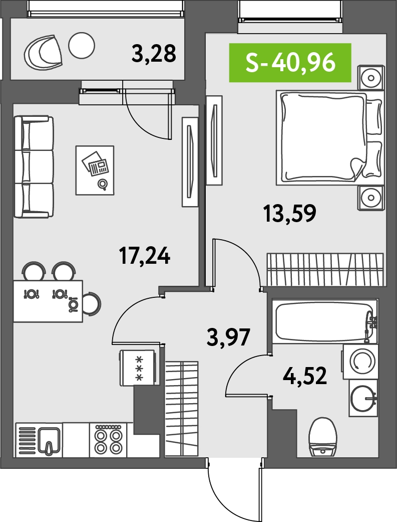 1-комнатная квартира (Студия) в ЖК Тринити-2 на 2 этаже в 7 секции. Сдача в 3 кв. 2023 г.