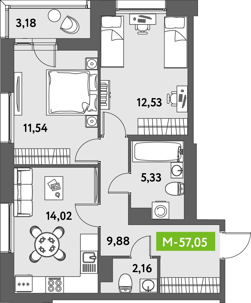 2-комнатная квартира в ЖК Тринити-2 на 29 этаже в 1 секции. Сдача в 3 кв. 2023 г.