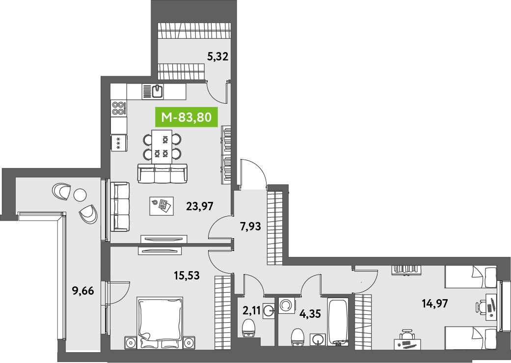 3-комнатная квартира в ЖК Тринити-2 на 4 этаже в 3 секции. Сдача в 3 кв. 2023 г.