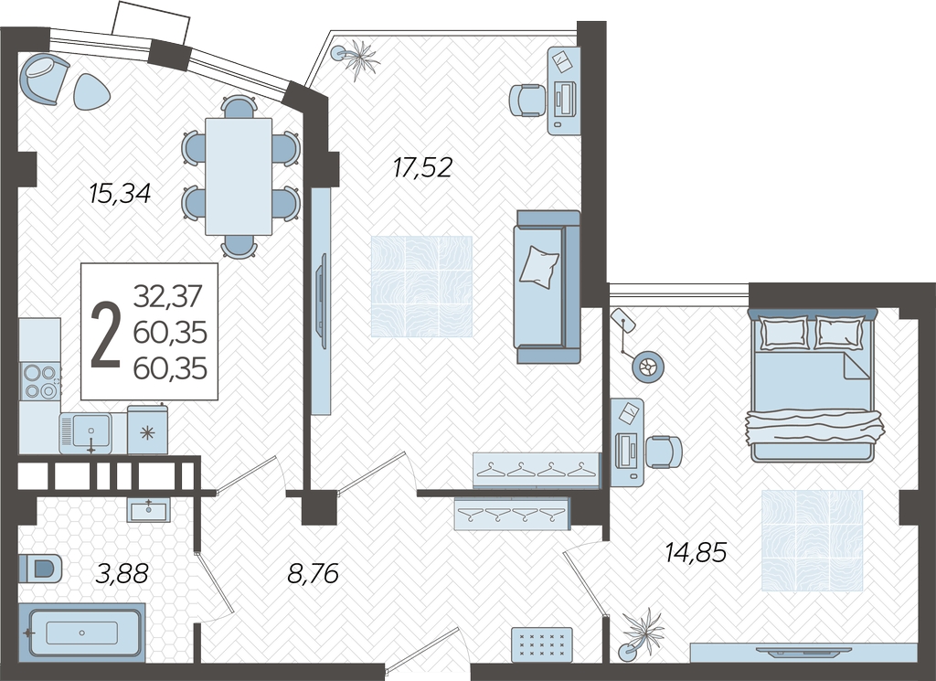 2-комнатная квартира в ЖК CUBE на 8 этаже в 1 секции. Сдача в 4 кв. 2024 г.