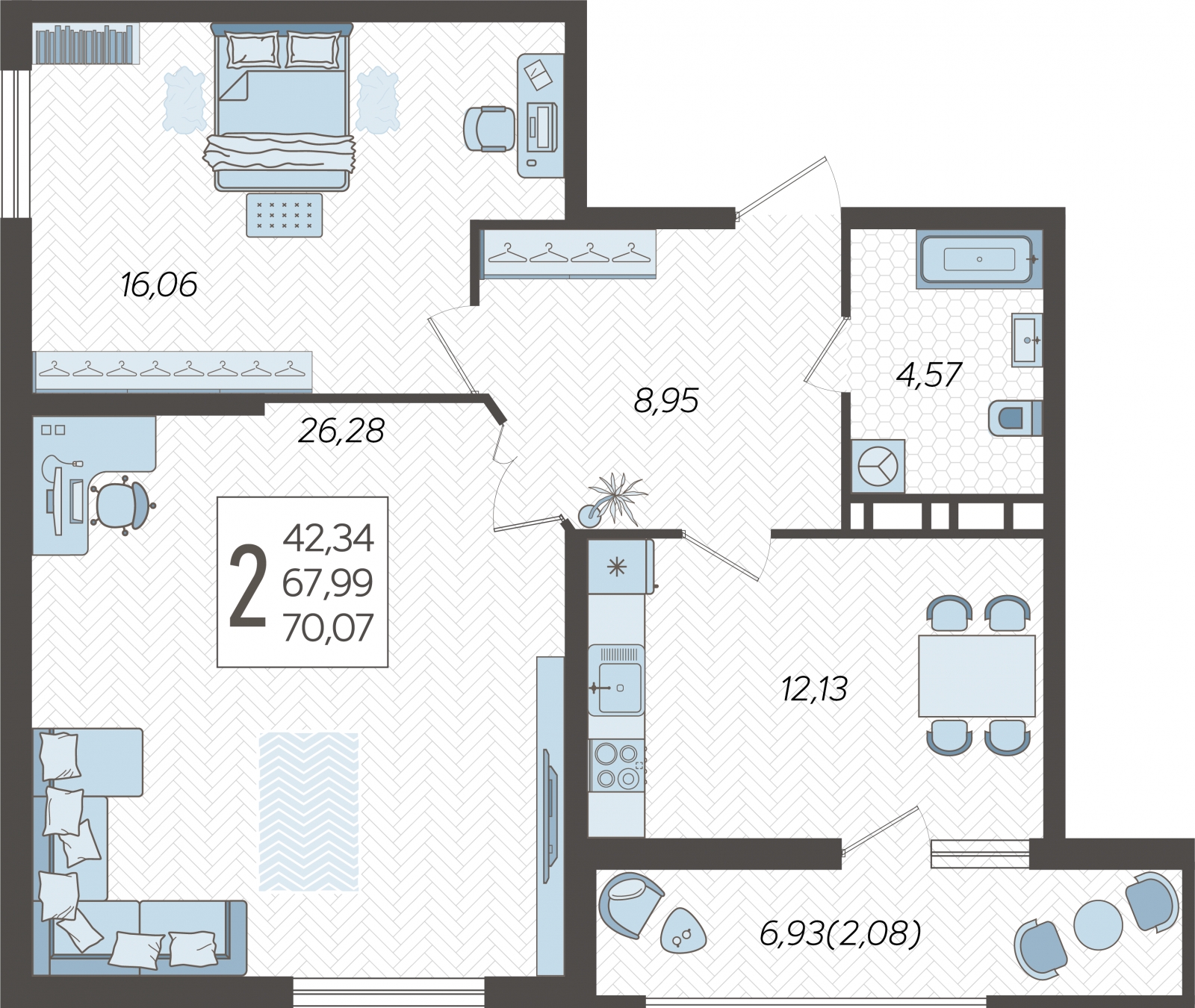 2-комнатная квартира в ЖК Небо на 6 этаже в 1 секции. Сдача в 2 кв. 2025 г.