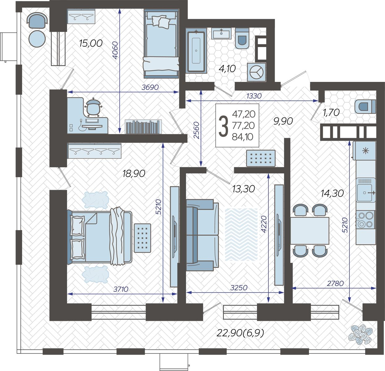 1-комнатная квартира (Студия) с отделкой в ЖК Аквилон Leaves на 7 этаже в 1 секции. Сдача в 4 кв. 2024 г.