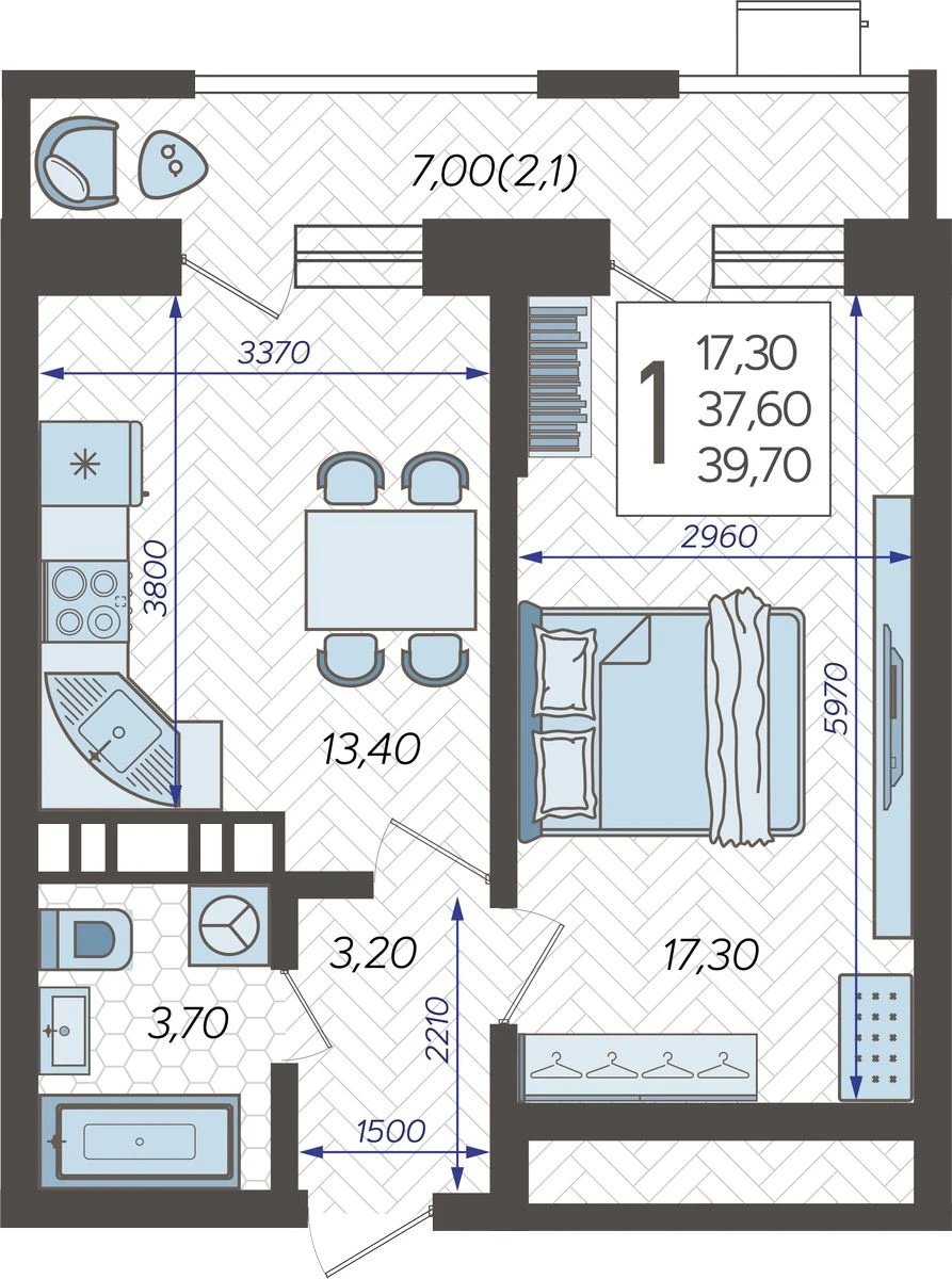 2-комнатная квартира в ЖК Небо на 12 этаже в 1 секции. Сдача в 2 кв. 2025 г.