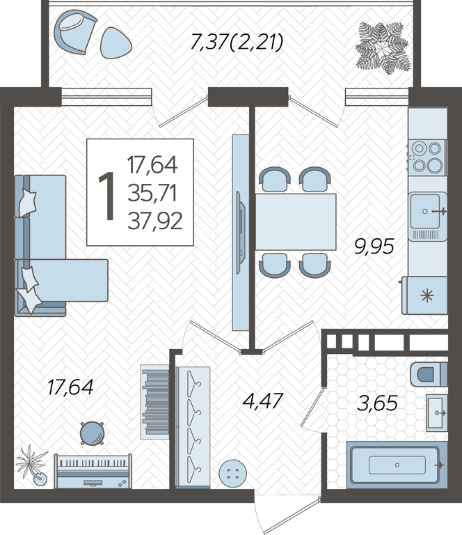 2-комнатная квартира в ЖК Небо на 2 этаже в 1 секции. Сдача в 2 кв. 2025 г.