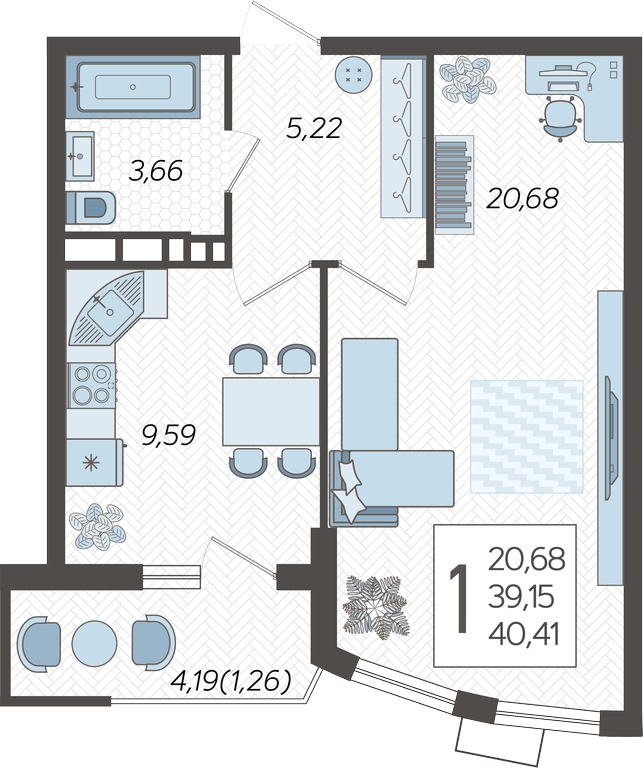 1-комнатная квартира с отделкой в ЖК Небо на 9 этаже в 1 секции. Сдача в 3 кв. 2025 г.