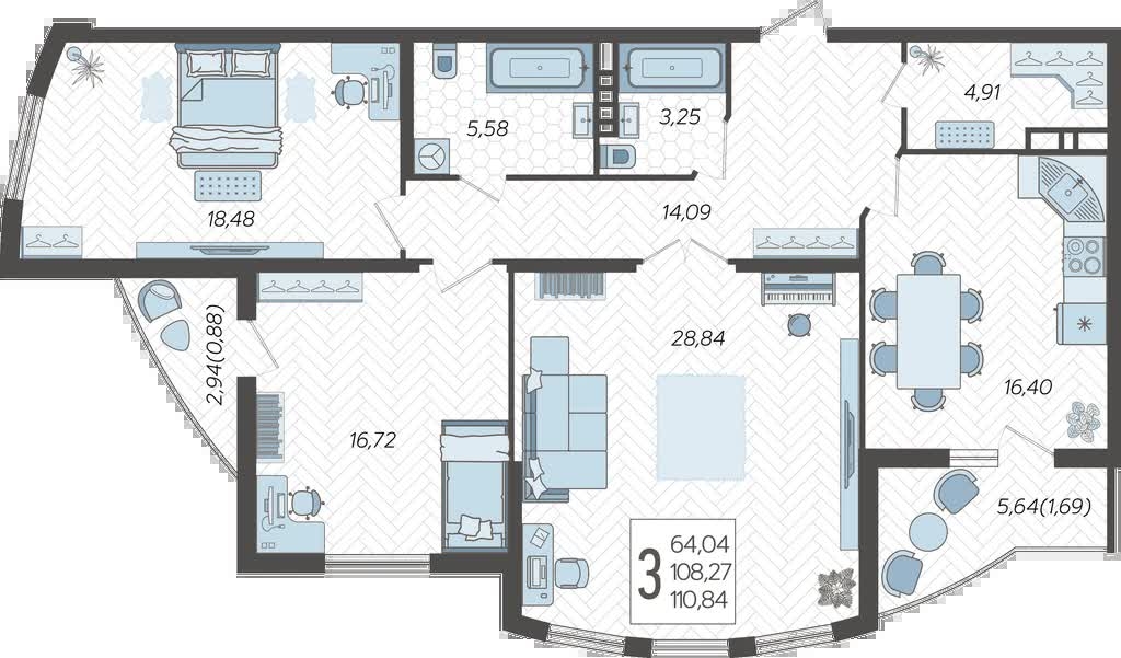 2-комнатная квартира с отделкой в ЖК Небо на 3 этаже в 1 секции. Сдача в 3 кв. 2025 г.