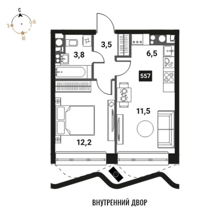 1-комнатная квартира (Студия) в ЖК UP-квартал «Воронцовский» на 5 этаже в 3 секции. Сдача в 2 кв. 2026 г.