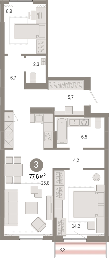 3-комнатная квартира с отделкой в ЖК URAL на 21 этаже в 1 секции. Сдача в 4 кв. 2024 г.