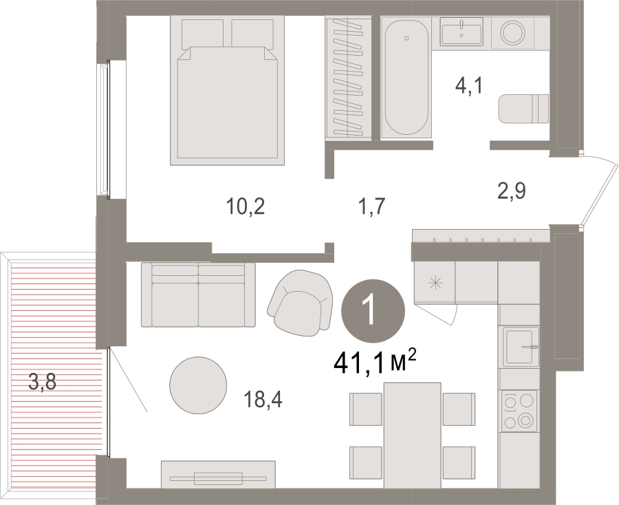 1-комнатная квартира в ЖК URAL на 23 этаже в 1 секции. Сдача в 4 кв. 2024 г.