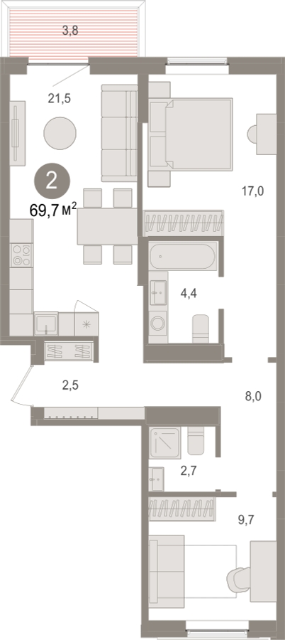 3-комнатная квартира с отделкой в ЖК URAL на 20 этаже в 1 секции. Сдача в 4 кв. 2024 г.