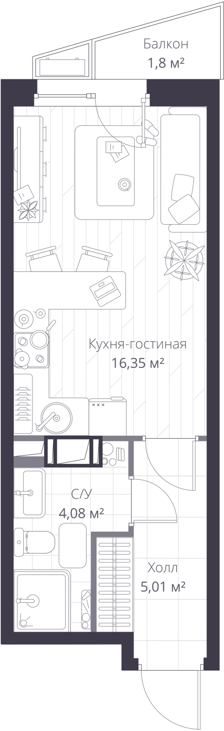 1-комнатная квартира (Студия) в Veren Nort Сертолово на 2 этаже в 1 секции. Сдача в 1 кв. 2027 г.